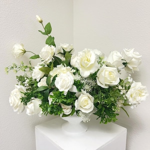 Flowever White & Green Artificial Floral Centerpiece – Real Touch Faux Flower Arrangement for Weddings, Events, or Home Decor