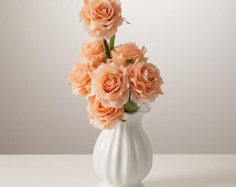 Tallos de rosas color melocotón Real Touch (juego de 6), rosas artificiales para bodas, ramos DIY, decoración del hogar, color melocotón rosado, sin jarrón.