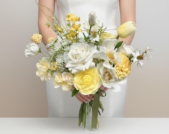 Ramo amarillo y crema, ramo de boda estilo jardín, flores de boda de primavera, ramo elegante y natural, flores de seda de tacto real.