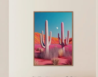 Mutige bunte Wüsten Kaktus Wandkunst - Surrealer Kaktus Digitaler Download - Rosa Kaktus Abstrakte Digitale Kunstwerk - Modernes Wohndekor