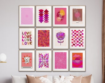 Impresiones de colores brillantes, descarga imprimible de arte de pared colorido, impresiones brillantes, conjunto de 12 impresiones, impresiones de pared boho rosa, arte del día de San Valentín