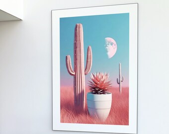 Bold Colorful Desert Cactus Wall Art - Surreal Cactus Digital Download - Pink Cactus Abstract Digital Artwork - Modern Home Decor