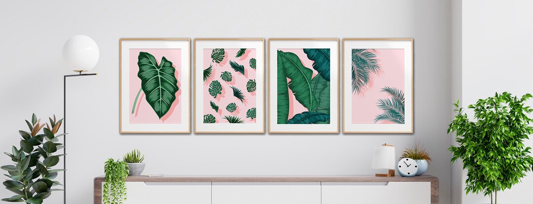 Botanical Art Print Set - Pink and Green Tropical Leaves - Modern Wall ...