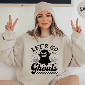 Spookachtig en grappig Halloween Let&#39;s Go Ghouls Dames Halloween-sweater met ronde hals - dames Halloween-spooktrui Grappig - schattig Halloween-sweater