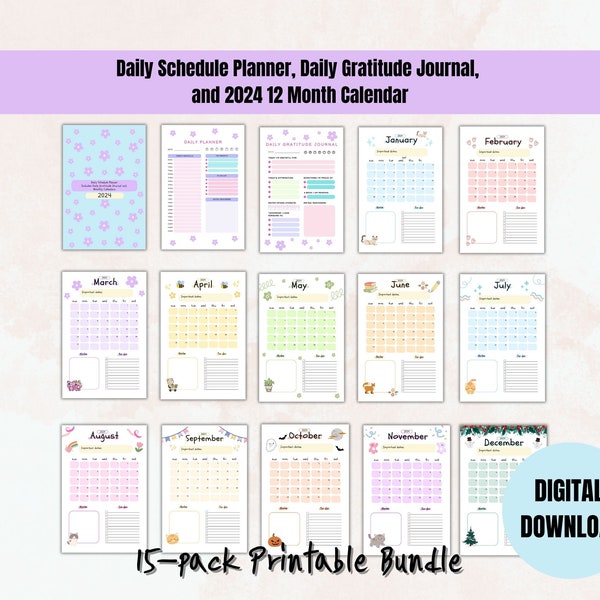 Get organized and stay positive with this Daily Schedule Planner, Daily Gratitude Journal, and 2024 monthly calendar bundle. Digital file!