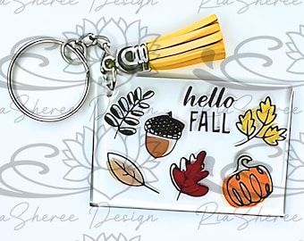 Hello Fall Acrylic Keychain: Leaf, Acorn, Pumpkin Line Art