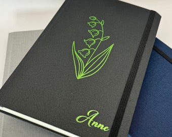 Personalized Birth Month Flower Journal: Black Linen Hardback Notebook