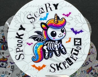 Waterproof, Dishwasher Safe Skeleton Unicorn Die Cut Stickers Glossy or Holographic, Halloween Alicorn