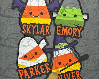 Personalized Candy Corn Scented Halloween Treat Bag Name Tags, Paper Classroom Bulletin Board Decor