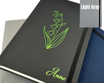 Personalized Birth Month Flower Journal: Gray Linen Hardback Notebook