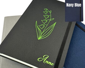 Personalized Birth Month Flower Journal: Navy Linen Hardback Notebook