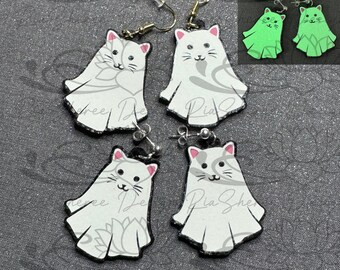 Glow-in-the-Dark Ghost Cat Earrings: Faux Leather Halloween Jewelry