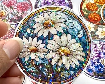 Waterproof, Dishwasher Safe Stained Glass Birth Month Flower Die Cut Stickers Glossy or Holographic