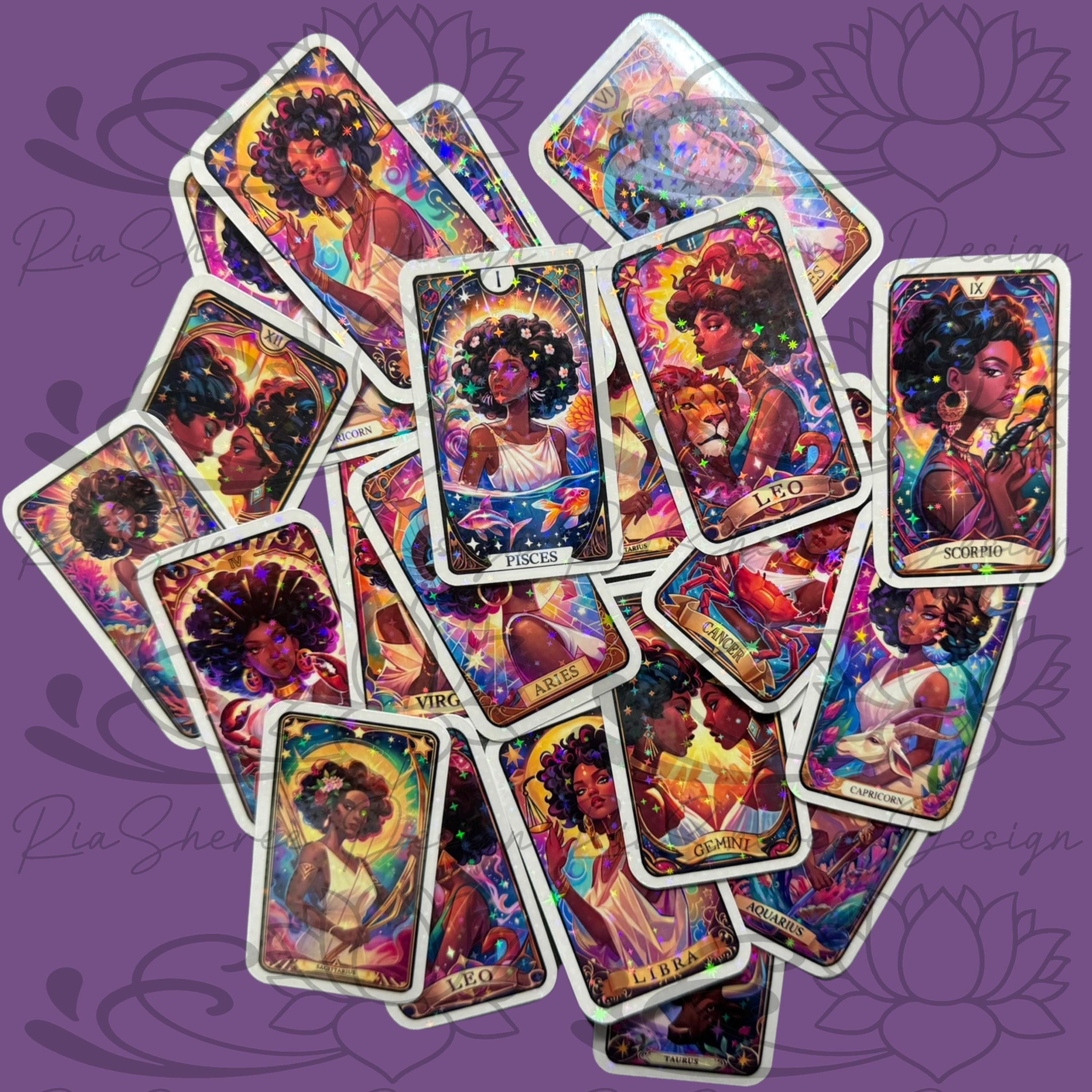 Holographic Zodiac Tarot Card Stickers or Magnets, Celestial Black Woman, Waterproof, Dishwasher Safe, Black Girl, Birth Month Gift for Her