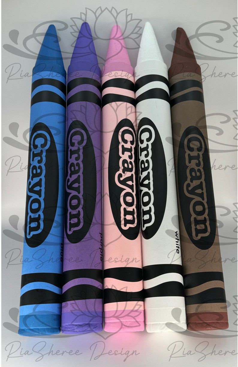 A display of five crayons, blue, purple, pink, white, and brown. The crayons are arranged vertically and are labeled 'Crayon' with the color name. The crayons are on a white background.