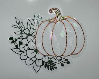 Floral Pumpkin Suncatcher Window Cling, Fall Sun Catcher Window Sticker, Reusable Halloween Window Decal, Apartment Friendly Autumn Decor