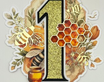 Bee 1st Birthday Cake Topper: Honeycomb, Golden Accents