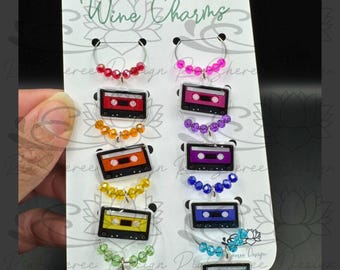 Retro Cassette Rainbow Wine Charm Set of 8