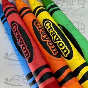 Any close up image of fake crayons in different colors, blue, red, orange, yellow, and green. Each crayon has the word 'Crayon' on it in black letters.