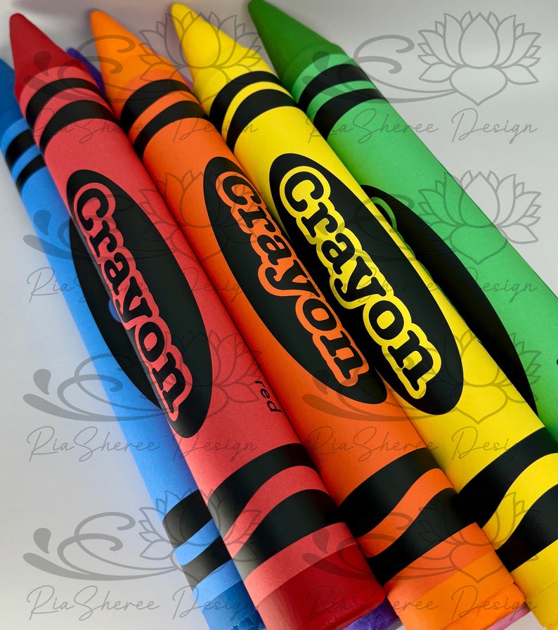 Any close up image of fake crayons in different colors, blue, red, orange, yellow, and green. Each crayon has the word 'Crayon' on it in black letters.