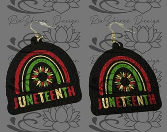 Juneteenth Earrings: Handmade Black Faux Leather with Foil Rainbow