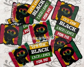 Może przedstawiać: Sześć kolorowych naklejek z czarną sylwetką głowy kobiety z wiankiem słoneczników. Każda naklejka zawiera tekst "It's the Black Excellence for Me" w czarno-białych literach.