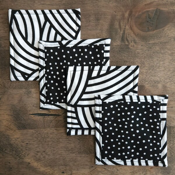 Black and White Fabric Coasters | Set of 4 | Reversible, Washable, Handmade | Cotton | Stripes and Polka Dots | Unique Gift