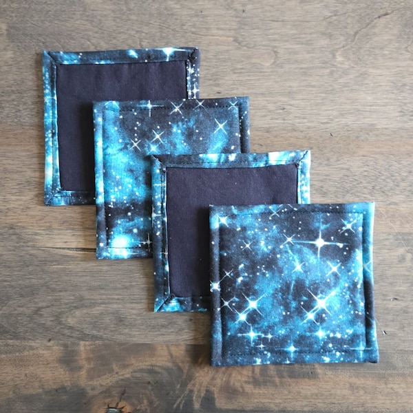 Black and Teal Fabric Coasters | Set of 4 | Reversible, Washable, Handmade | Cotton | Starry Space | Galaxy | Unique Gift