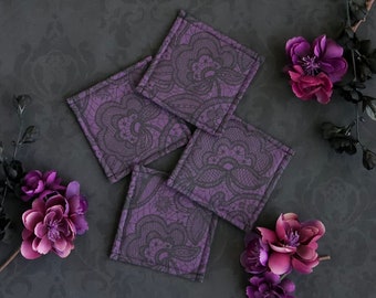 Purple and Black Fabric Coasters | Set of 4 | Reversible, Washable, Handmade | Cotton | Lace and Floral | Unique Gift