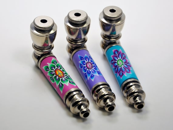 Metal Hand Pipe Decorated With Peace & Lotus Polyermer Clay Designs.