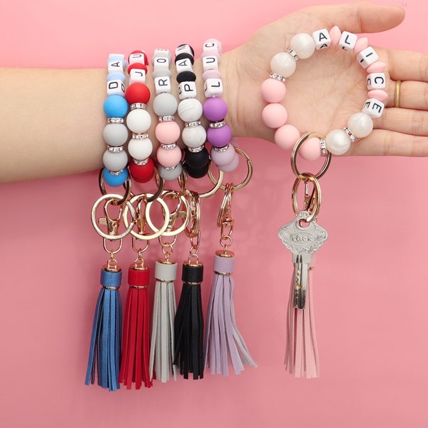 Key Ring Bracelet Womens Wristlet Keychain for Car Keys - Silicone Beaded Bangle Chains with Leather Tassel Gift