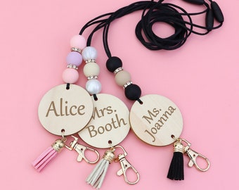 Handmade personalized Teacher's Badge and key lanyard | durable beaded lanyard | scratch-resistant custom birch disk nameplate  cute lanyard