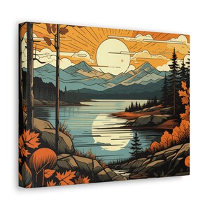 Abstract Mountain Lake Canvas Art Print, Autumn Landscape Wall Decor image 2