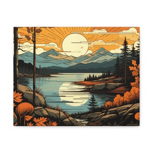 Abstract Mountain Lake Canvas Art Print, Autumn Landscape Wall Decor image 1