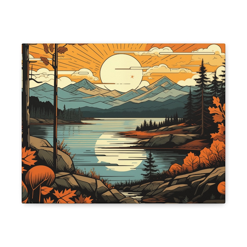 Abstract Mountain Lake Canvas Art Print, Autumn Landscape Wall Decor image 1
