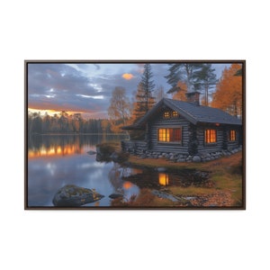 May include: A rustic log cabin with lit windows sits on a small island in a lake. The lake is surrounded by trees with fall foliage. The sky is a mix of blue, purple, and orange.