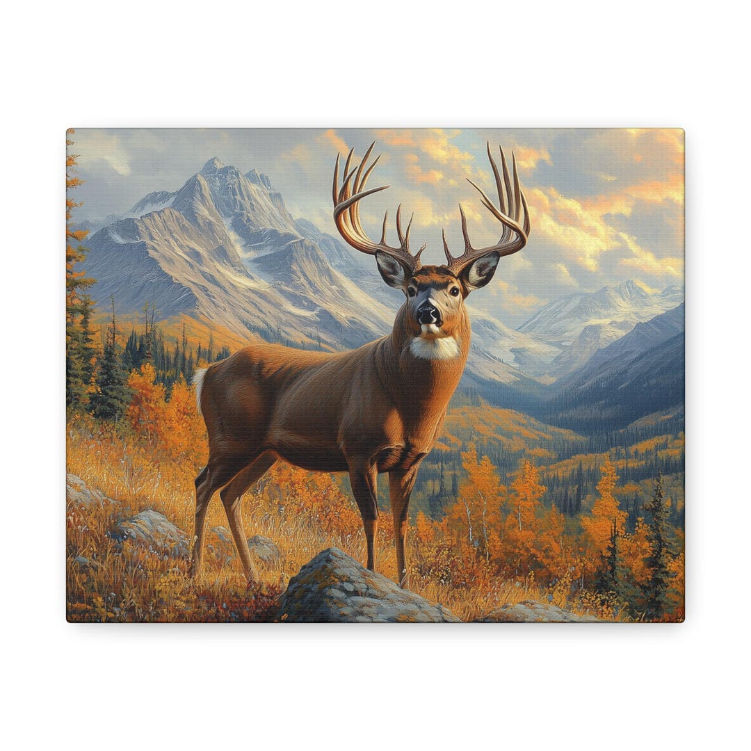 Canvas Wall Art, Majestic Whitetail Deer in Meadow With Mountains ...