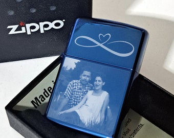 Custom Engraved Sapphire Blue Zippo Lighter: Personalized Photo & Text, Authentic and New