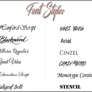 May include: A list of different font styles, including Hanford Script, Blacksword, Allura Regular, Great Vibes, Edwardian Script, Caligraf Bold, Ghost Brush, Arial, Cinzel, Crazy Metro, Monotype Corsiva, and Stencil.