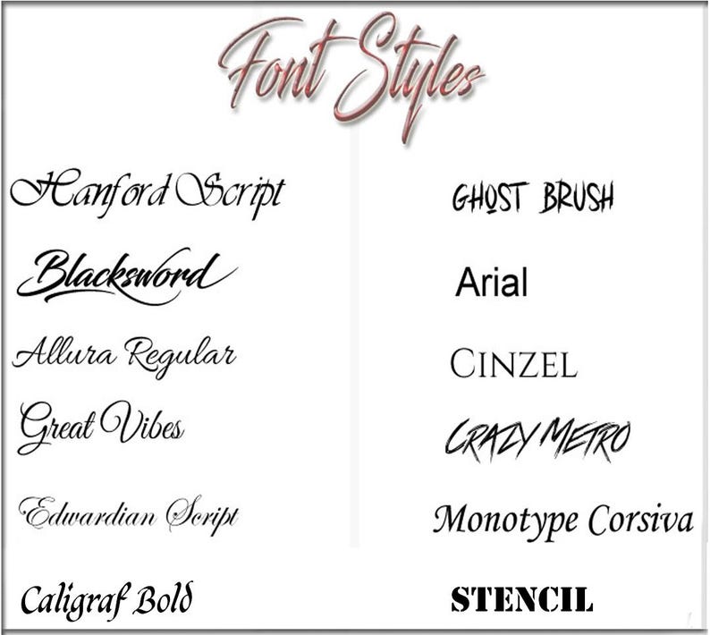 May include: A list of different font styles, including Hanford Script, Blacksword, Allura Regular, Great Vibes, Edwardian Script, Caligraf Bold, Ghost Brush, Arial, Cinzel, Crazy Metro, Monotype Corsiva, and Stencil.