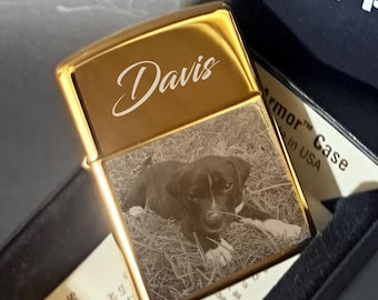 Custom Engraved Golden Brass Zippo Lighter: Personalized with Photo & Text, Authentic and New