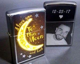 Custom Engraved Golden Moon Zippo Lighter - Personalized with your Photo and Text of Choice - Great One of a Kind Gifts for any Occasion