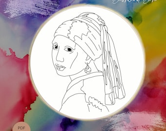 Pode incluir: Desenho de linha de uma mulher usando um lenço na cabeça e um grande brinco de pérola. O desenho é em preto e branco e é colocado sobre um fundo de aquarela colorido. O texto "Bushland Boho" está escrito no canto superior direito da imagem.