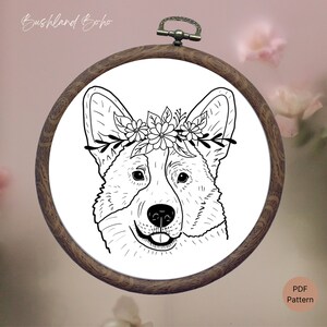 Corgi Embroidery Pattern – Boho Floral Dog Design (Digital Download)