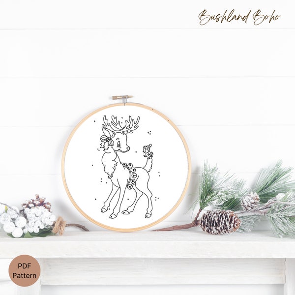 Christmas Reindeer, Beautiful Hand Embroidery Pattern, instant digital download, sizes 3/4/5/6/7/8"  ideal for beginners and for gifting.