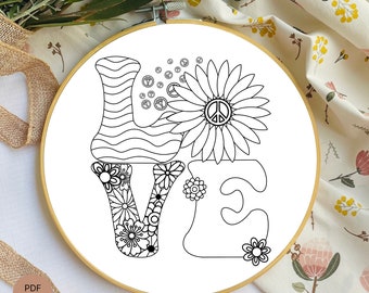 Hippy Love Embroidery Design – Peace Sign Retro Pattern (PDF Download)