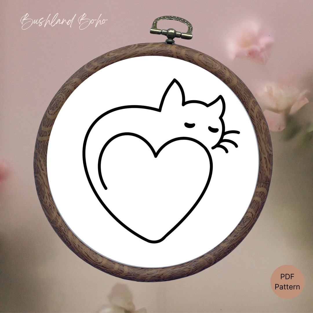 Cat Heart - Cat Love: Boho Hand Embroidery Pattern. Instant PDF Digital ...