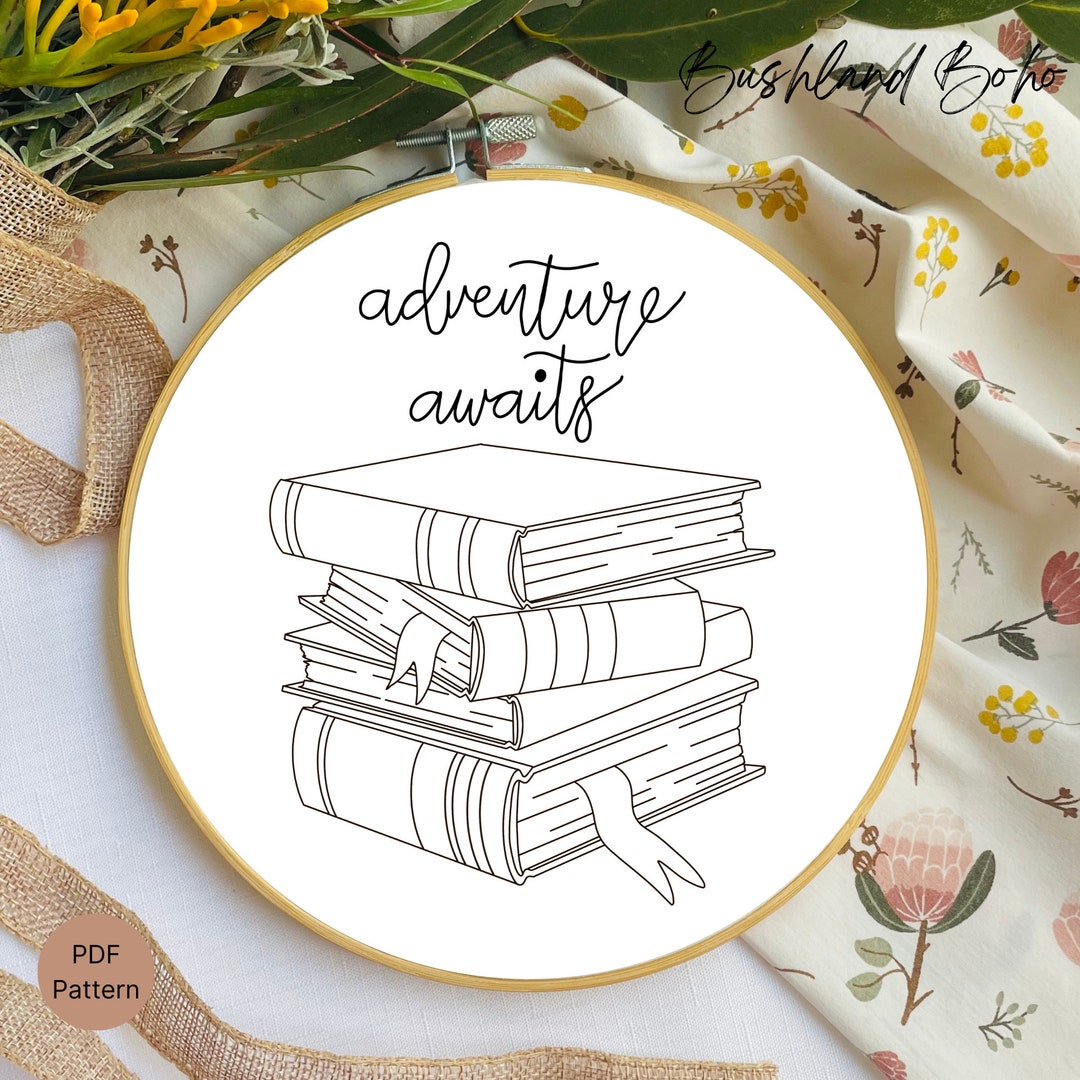 Adventure Awaits Embroidery Pattern – Stacked Books Design (PDF Pattern ...
