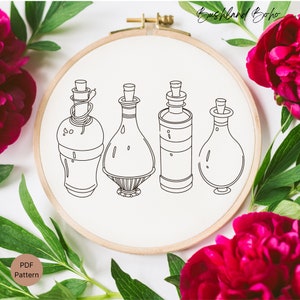 Puede incluir: Dibujo de línea de cuatro botellas de vidrio con tapones. Las botellas son de diferentes formas y tamaños. El dibujo está sobre un fondo blanco.