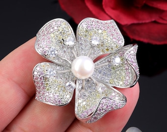 Exquisite Women's Pearl Brooch for Mom/Mother's Day Gift/Silver Sakura Brooch/Diamond Bouquet Brooch/Holiday Presen/Gift for Girlfriend/Pin